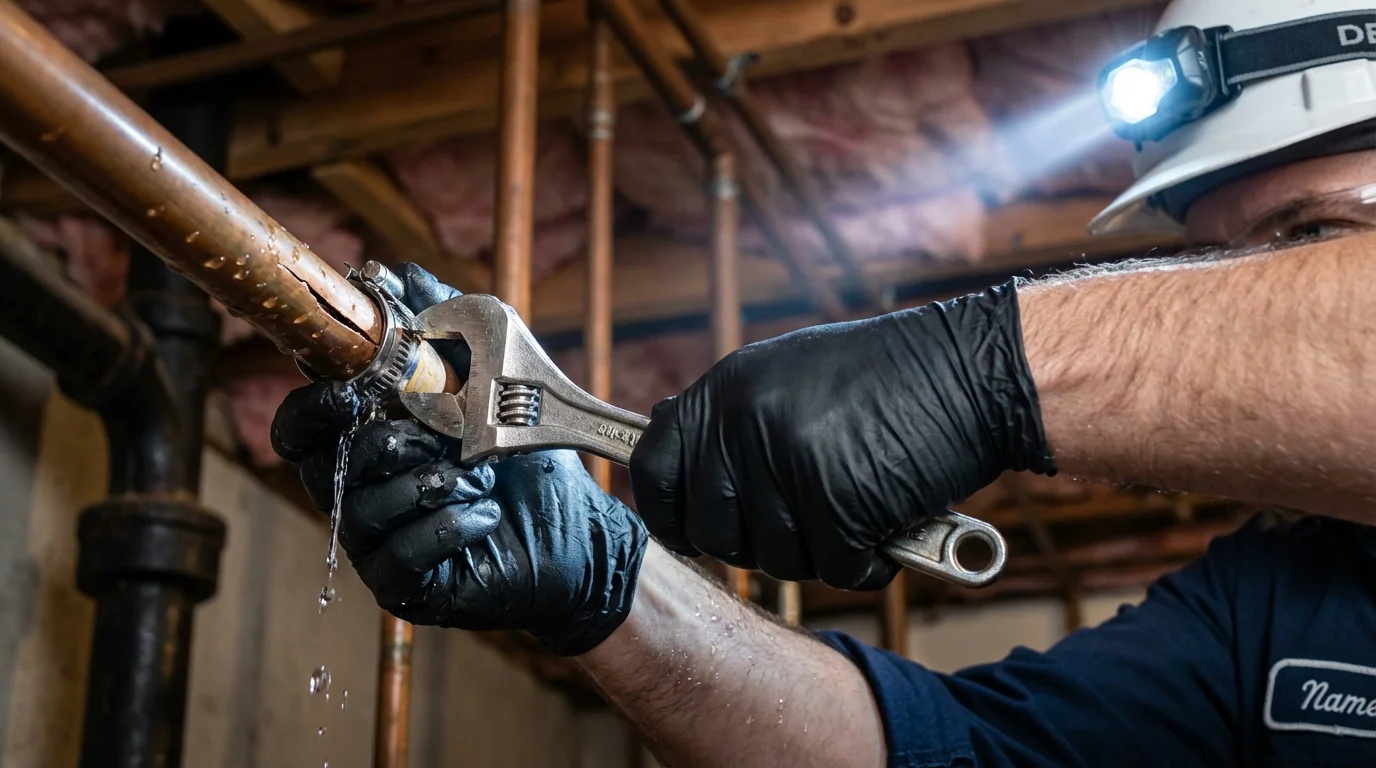 Emergency pipe clamp repair being performed by a Johns Plumbing LLC plumber in Lakeport
