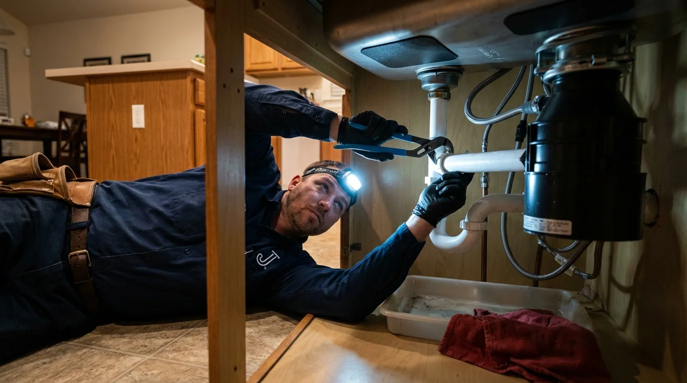 P-trap and supply line connections under a kitchen sink showing a common leak point in Lakeport, CA